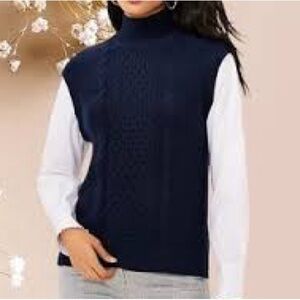 LOFT MIXED MEDIA 2 N 1 NAVY CABLE KNIT SWEATER WHITE SLEEVES